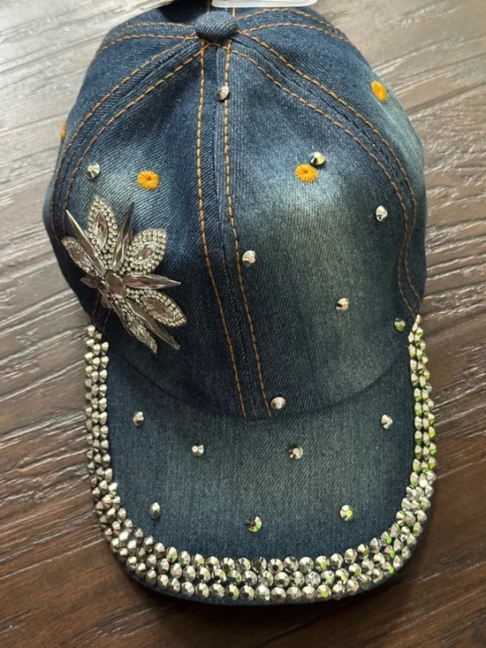 Bon Voyage Denim Cap with Crystal Floral Accent , New w/ Tag - Picture 3 of 10